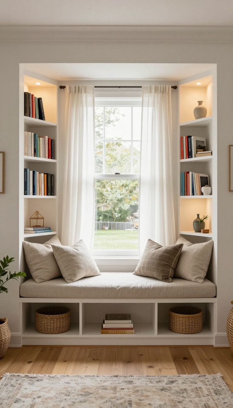 Cozy living room window seat with built-in bookshelves on both sides, filled with books and warm sconce lighting in bright natural daylight