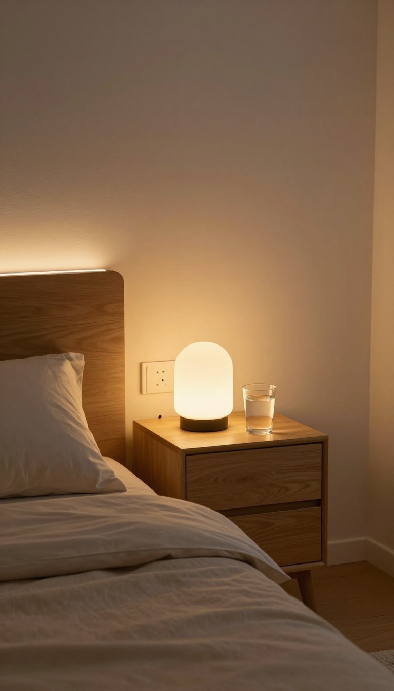 Warm amber motion-sensor LED strip glowing along a bedroom baseboard at night, lighting a path from the bed to the door