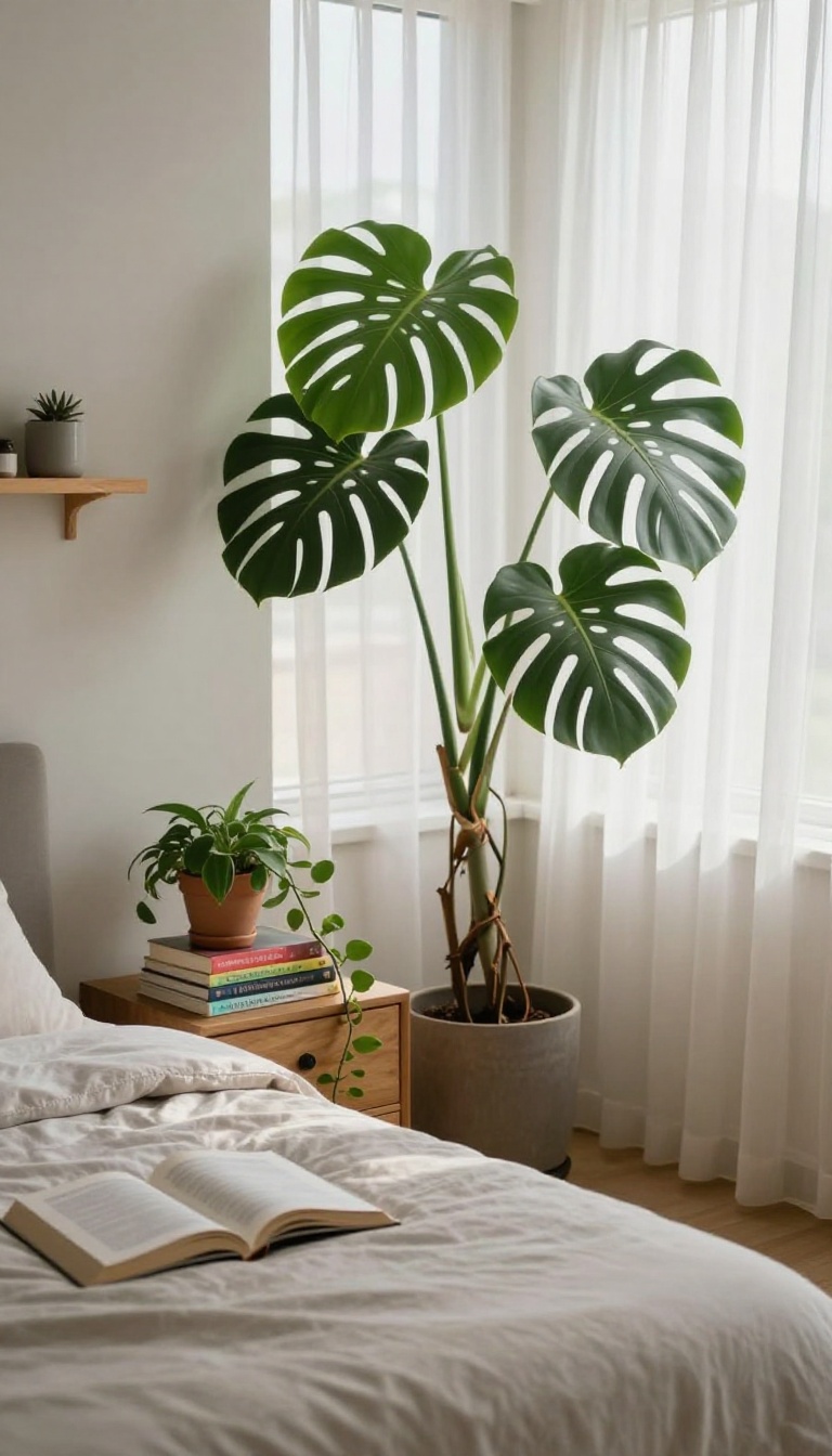 Bright modern mansion bedroom corner with a potted plant, stacked books, and personal touches styled for a cozy lived-in look