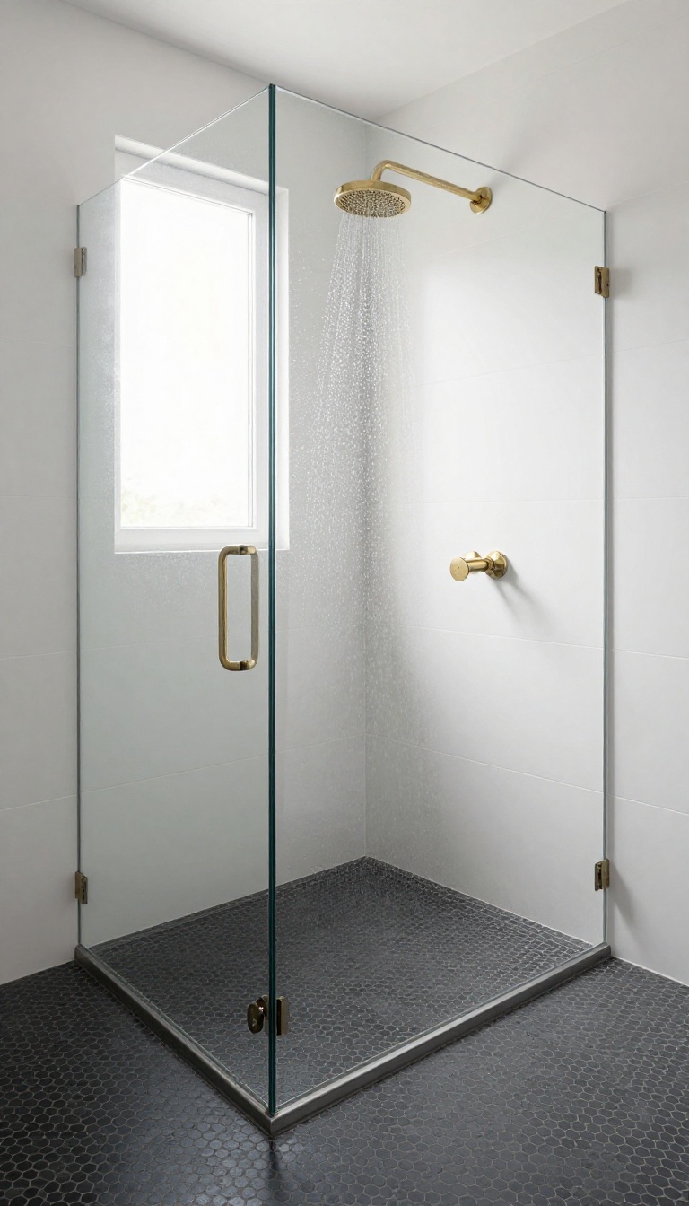 Modern shower with a dark charcoal mosaic tile floor contrasting against light wall tiles in a bright open bathroom