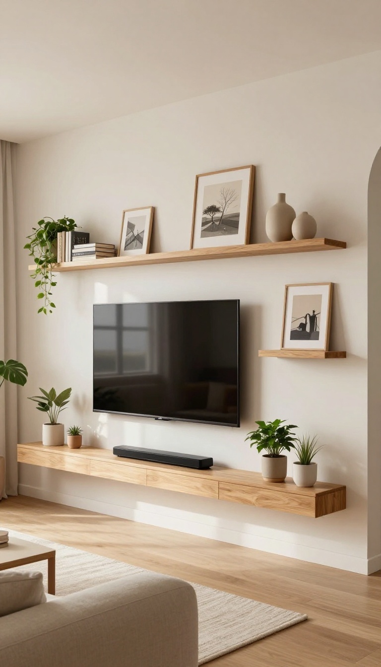 Living room gallery wall with floating shelves and framed art arranged around a wall-mounted TV, styled with books, plants, and a soundbar in bright natural light