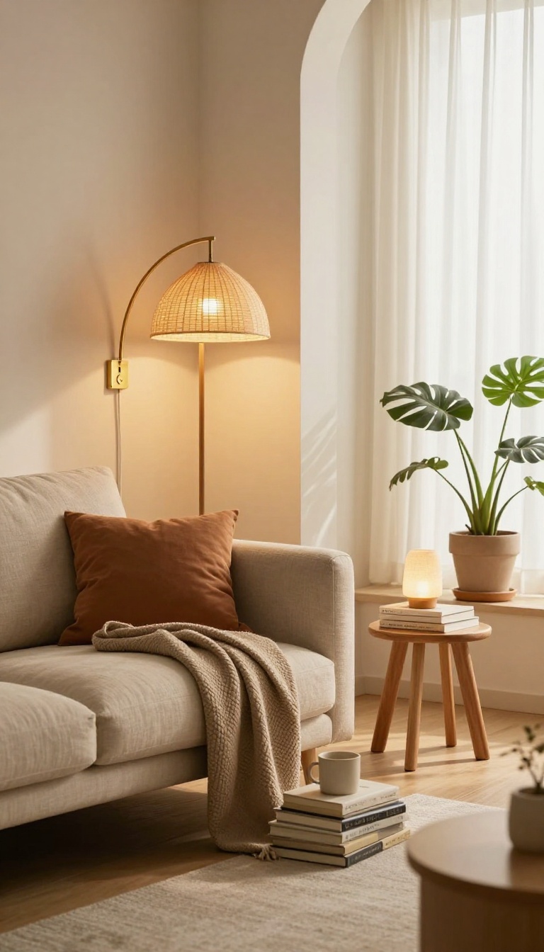 Cozy rental living room corner with a plug-in wall sconce and floor lamp layering warm light over a sofa, books, and plants