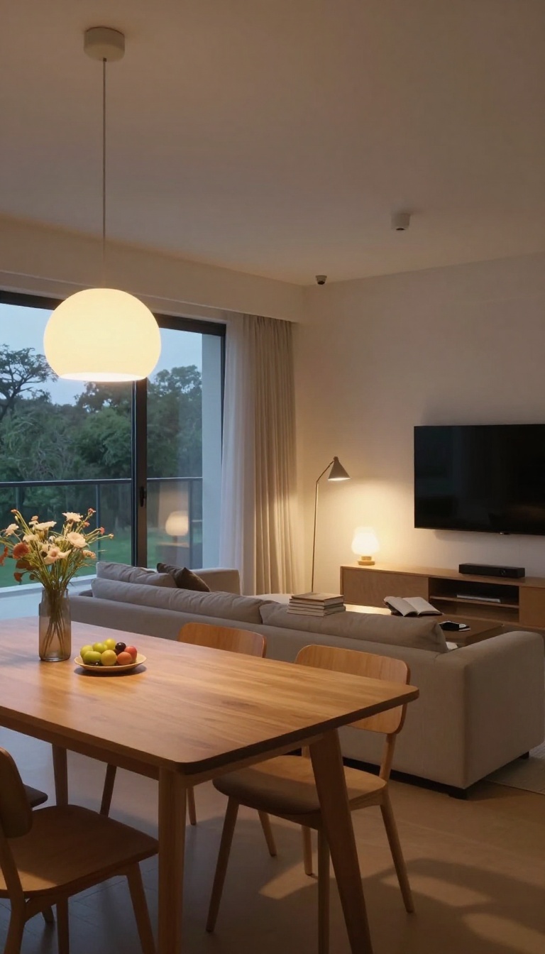 Open-plan living and dining room at dusk with a pendant light over the table, a floor lamp arcing over a sofa, and a small table lamp defining separate zones without walls
