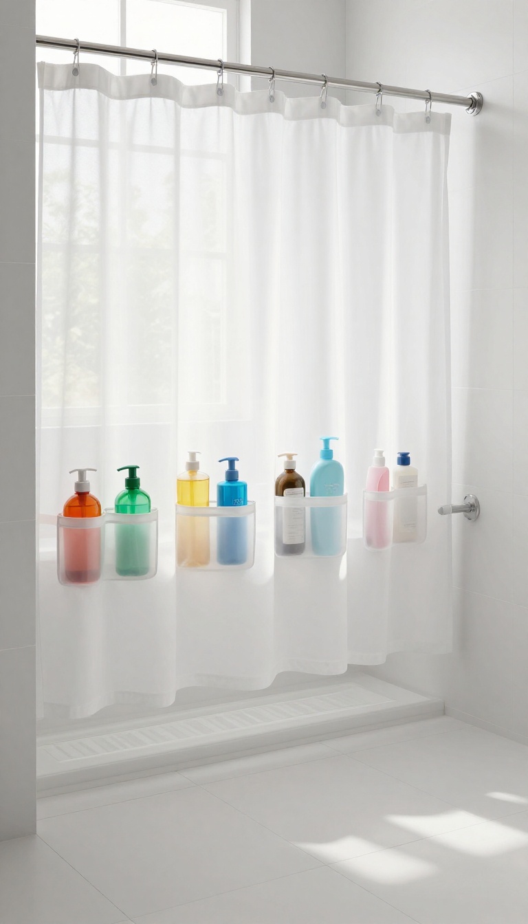 Shower curtain with transparent pockets holding shampoo and conditioner bottles in a bright bathroom