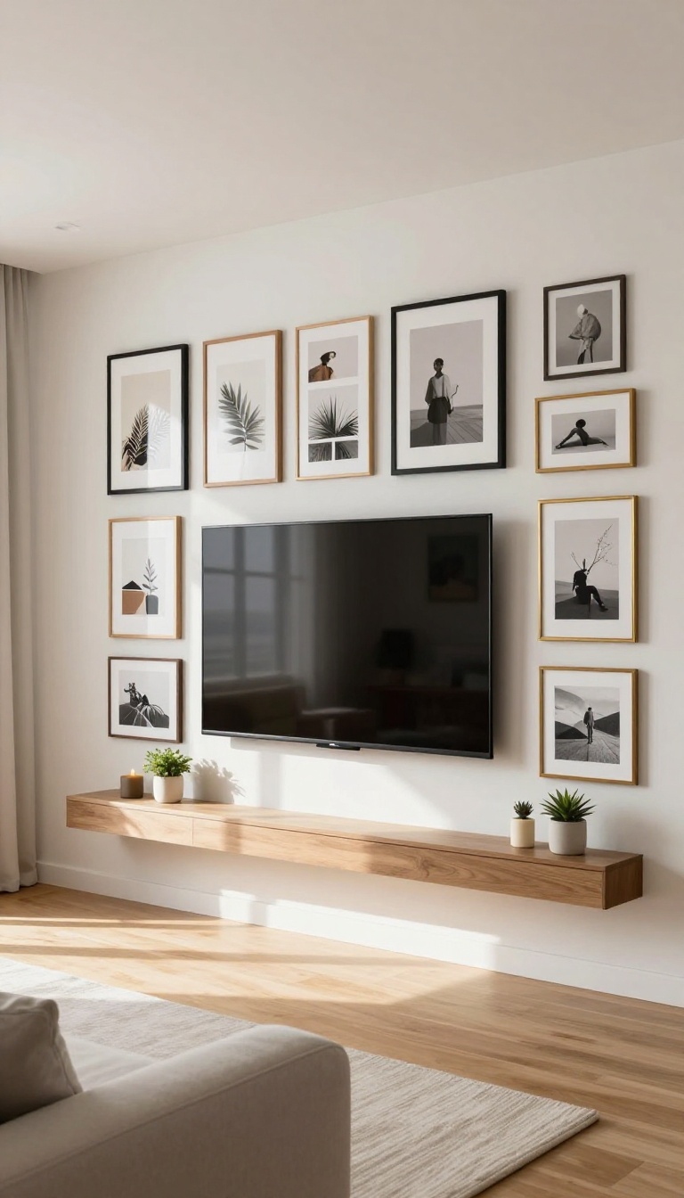 Living room gallery wall with framed art and photos arranged around a wall-mounted TV, with a small floating shelf holding a plant