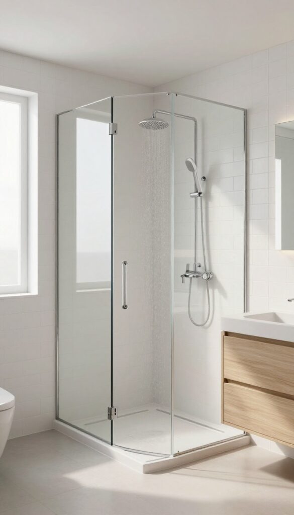 Compact bathroom with mirrored shower panels reflecting light and space, creating a bright and open feel.