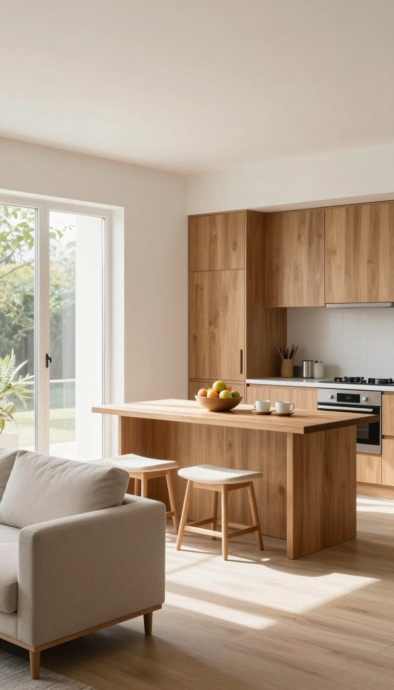 Bright open-plan living room and kitchen with a slim wooden console table and two stools creating a dining transition zone between the two spaces