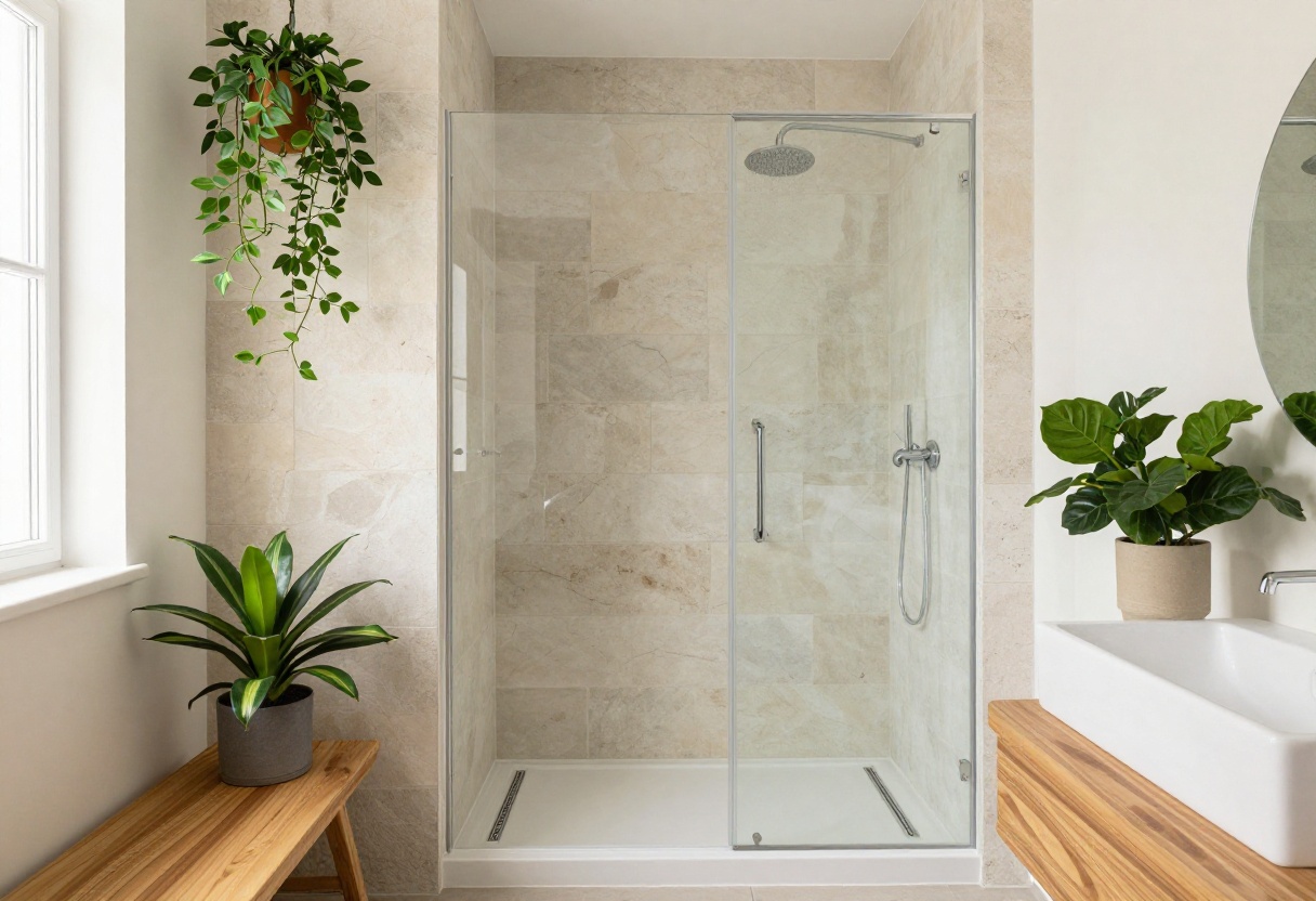 Open walk-in shower with no glass, featuring stone tile and a rainfall showerhead in a modern bathroom