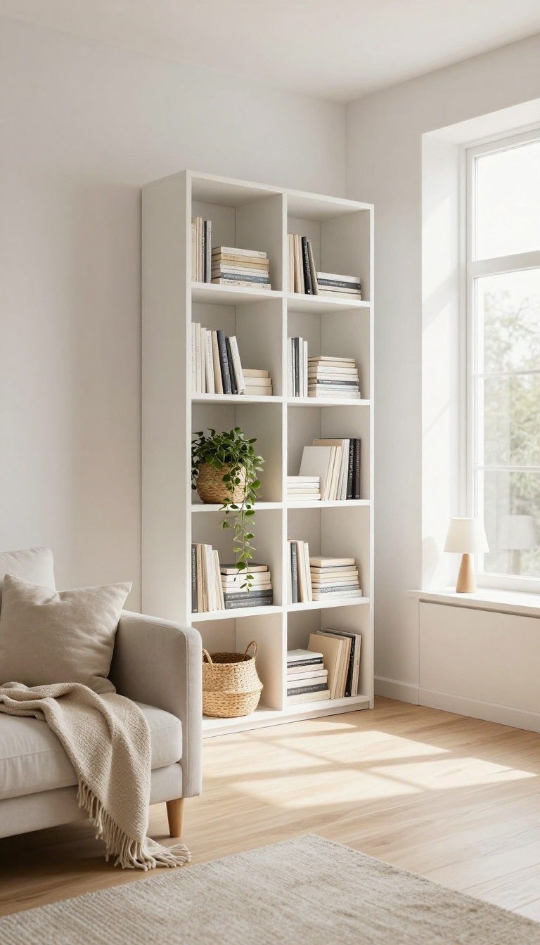Bright small living room divided by a freestanding open-back bookshelf with books, woven baskets, and a plant, letting natural light pass through