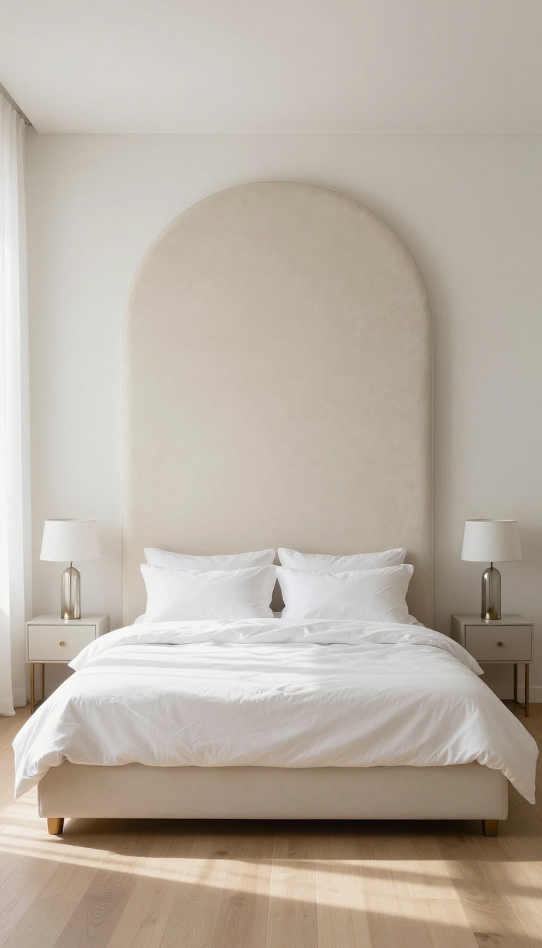 Elegant bedroom with a tall arched cream velvet headboard and bright natural light