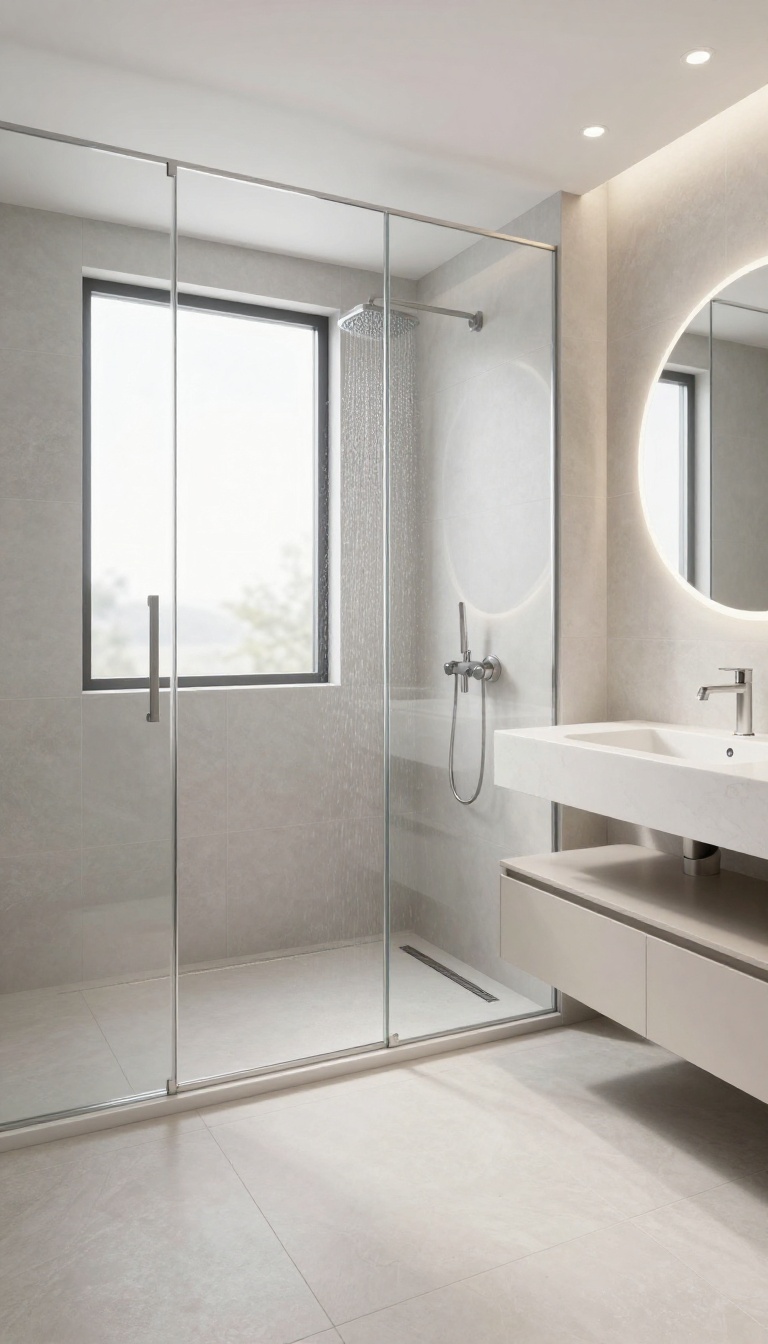 Basement bathroom with a curbless shower, seamless tile floor, and linear drain