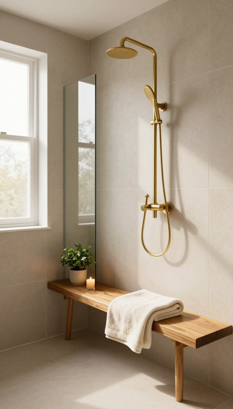 Warm bathroom shower with a built-in teak bench holding a folded towel, candle, and small plant in natural light