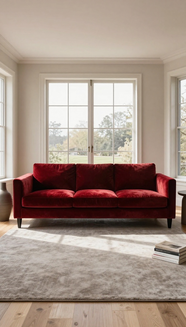 Red velvet sofa as the centerpiece of a bright living room with warm neutral walls and natural light