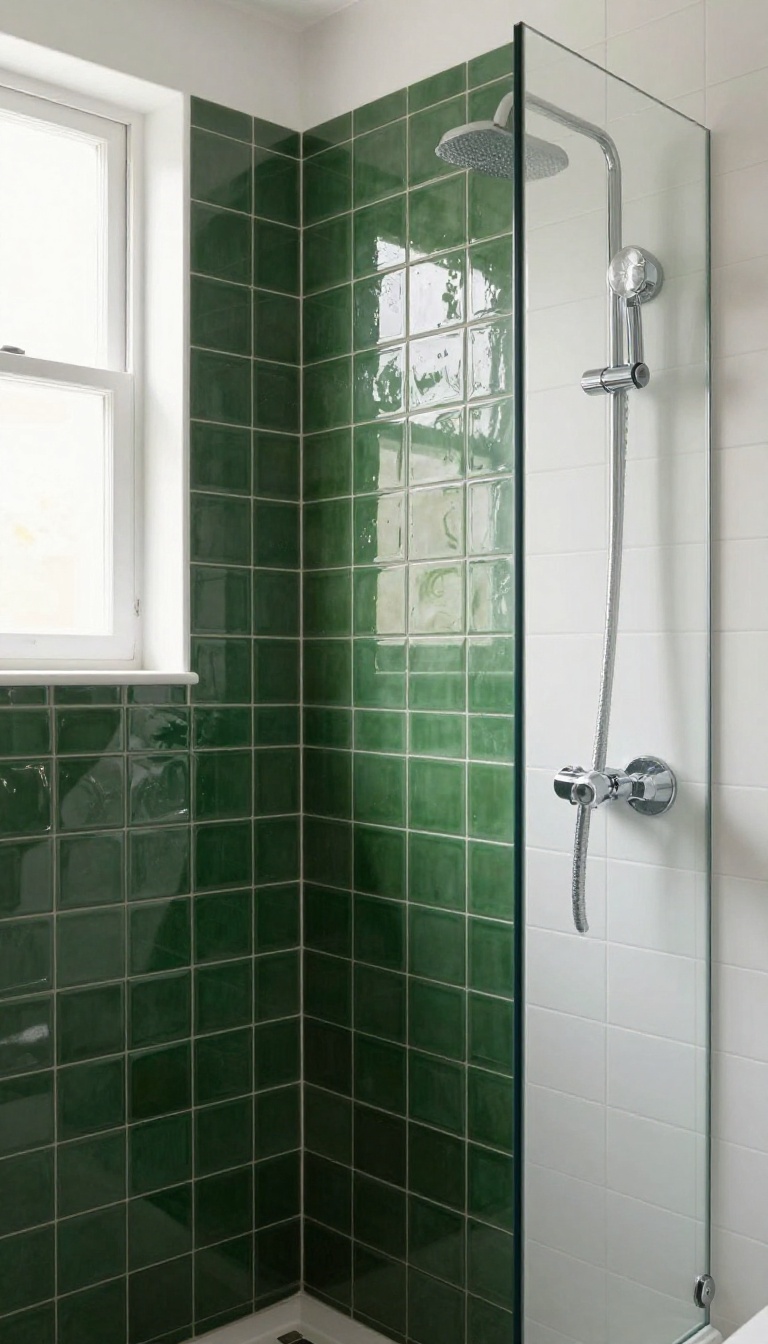 Bathroom shower with a deep green tiled knee wall contrasting against white main wall tiles, lit by bright natural light.