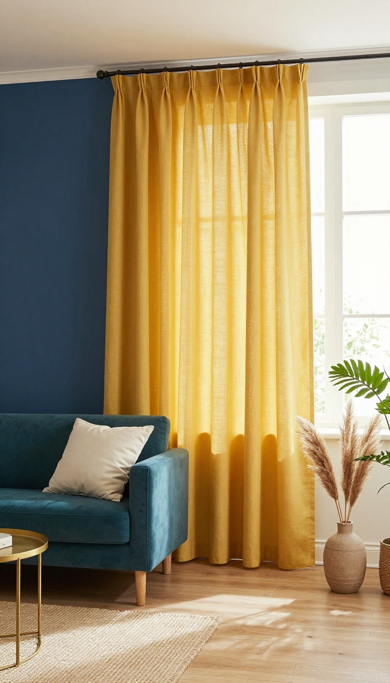 Bright living room with floor-length mustard yellow linen curtains, a teal velvet sofa, navy accent wall, and natural daylight for a cheerful retro look