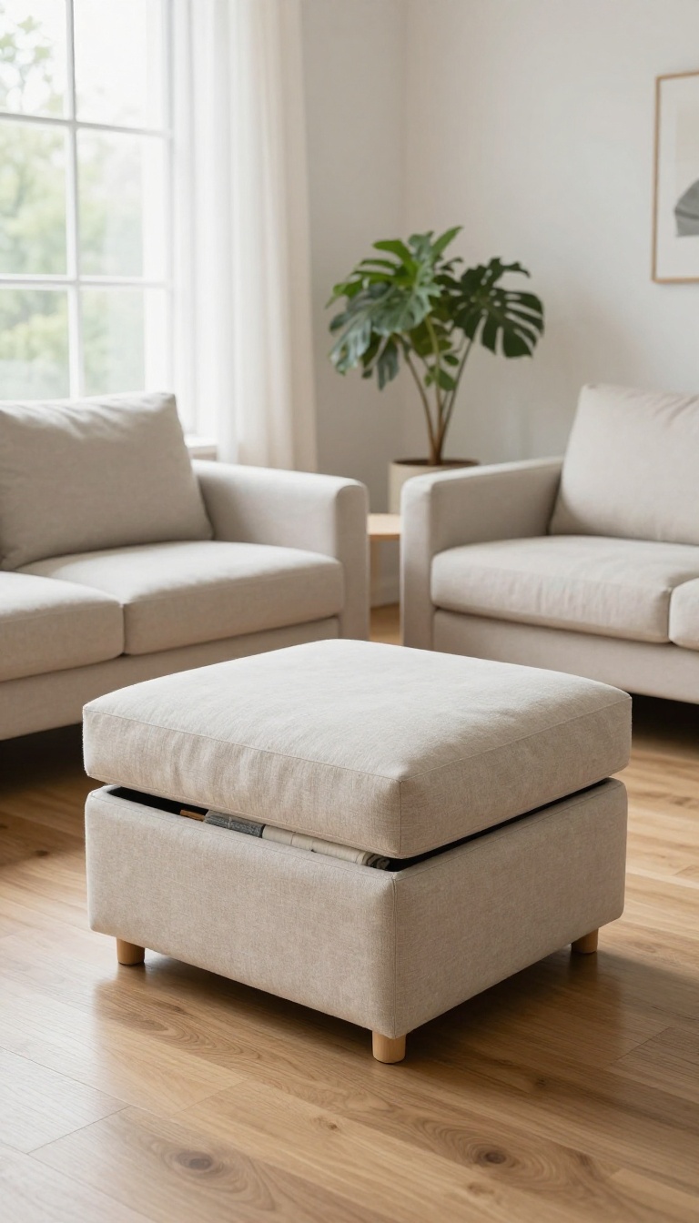 Bright open-plan living room with a storage ottoman, nesting tables, and a sleeper sectional sofa in natural light