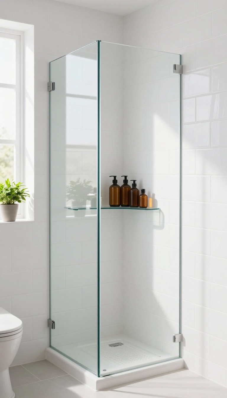 Modern shower with built-in niche and glass shelf holding amber bottles and a plant