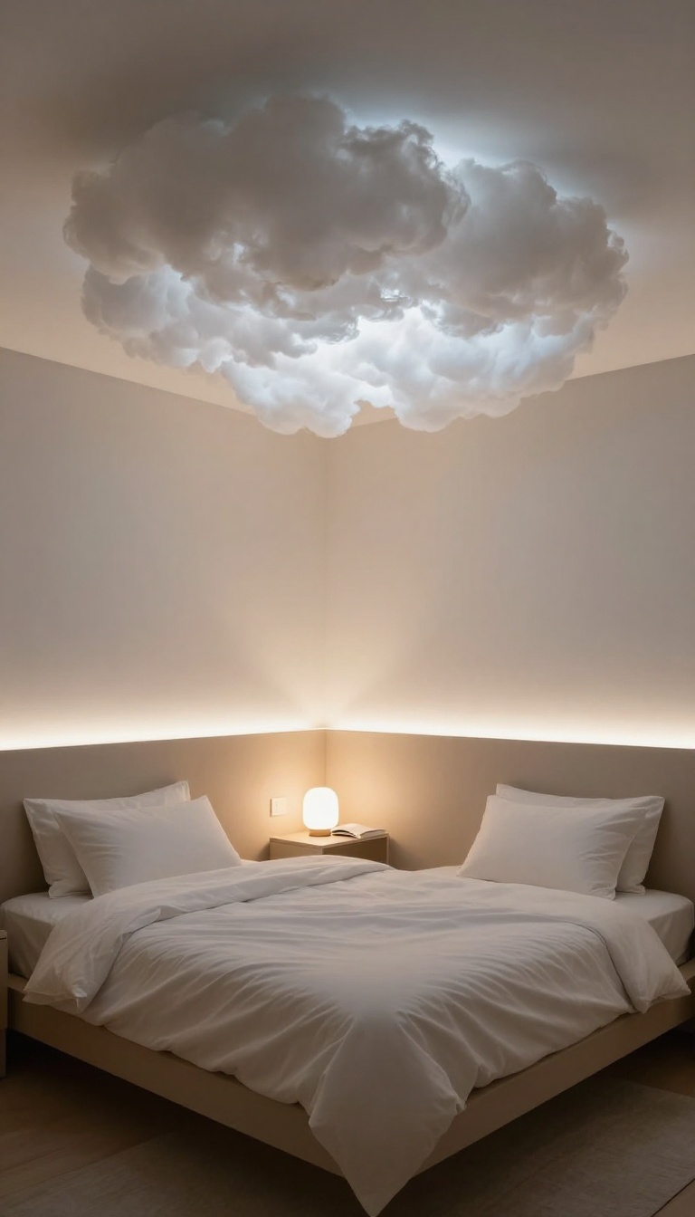 Bedroom ceiling decorated with cotton batting clouds glowing softly from diffused LED panels, creating a dreamy ambient light above a cozy bed