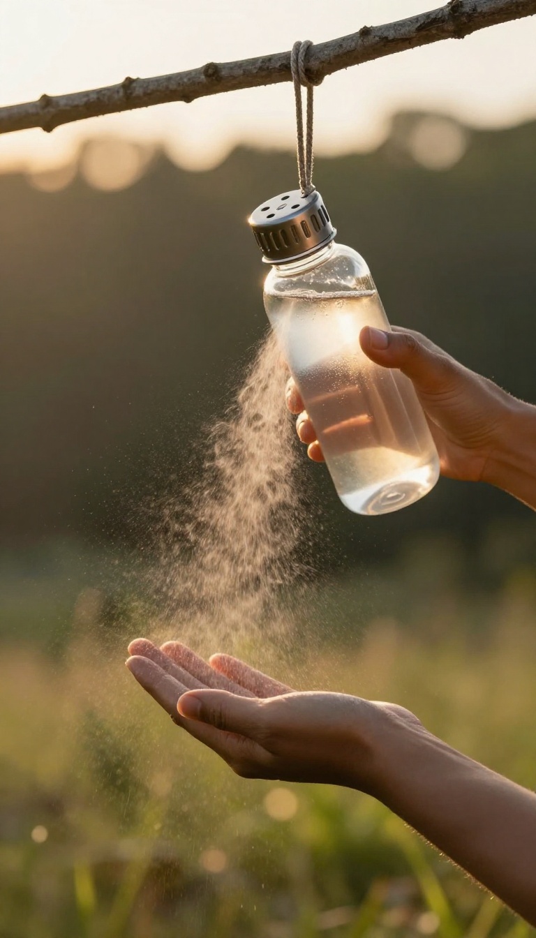 A water bottle with holes in the cap hanging from a tree branch, spraying water as a simple DIY camp shower