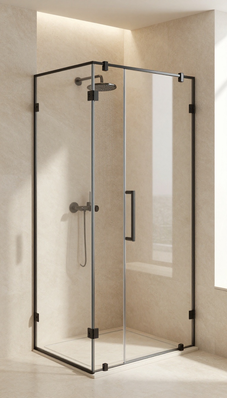 Frameless pivot shower door open in a bright, modern bathroom with natural stone tiles and a rainfall showerhead.