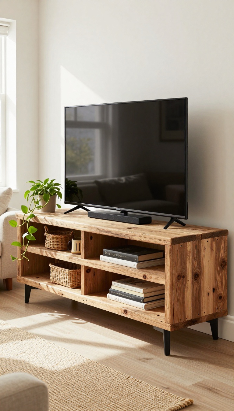 Rustic reclaimed wood TV stand with open shelves holding books, baskets, and a trailing plant in a bright farmhouse living room