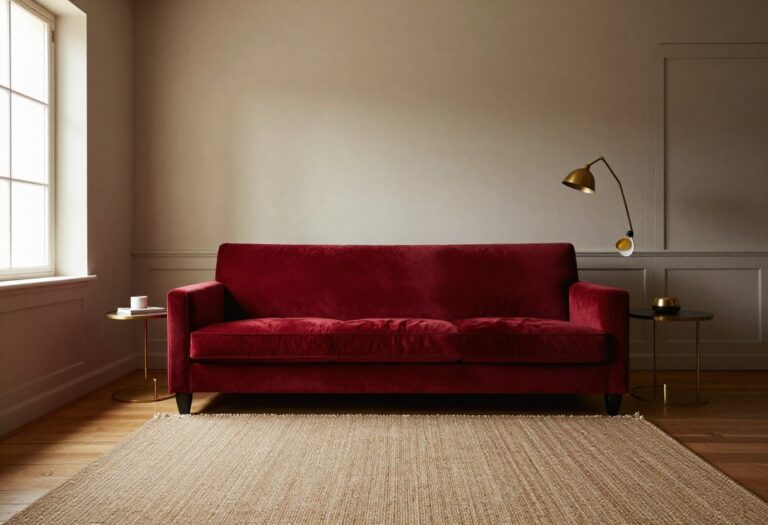 Warm and dramatic living room with a red velvet sofa, brass accents, and cozy lighting.