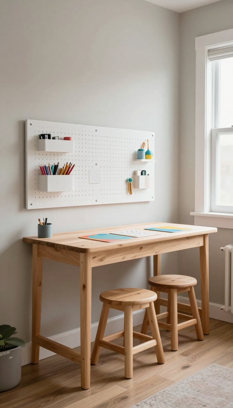 Bright shared kids' bedroom with a long wooden desk along the wall, three backless stools tucked underneath, and a pegboard above holding school supplies