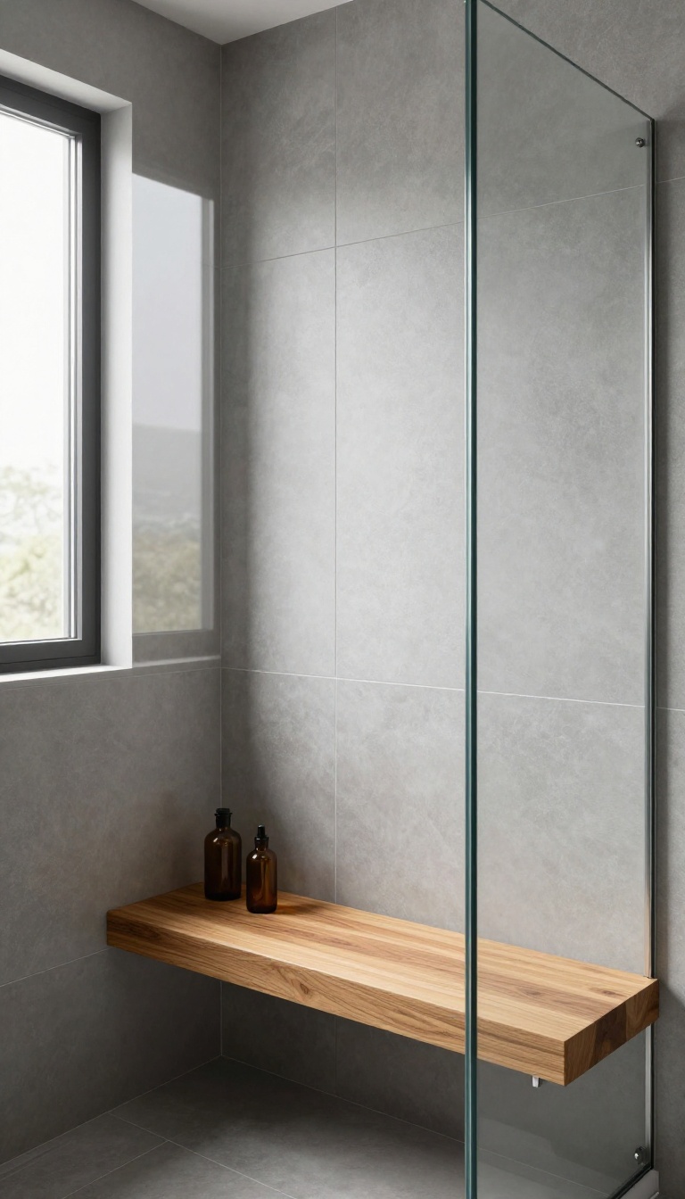 Floating teak wood shower bench mounted to a tiled wall in a bright modern walk-in shower