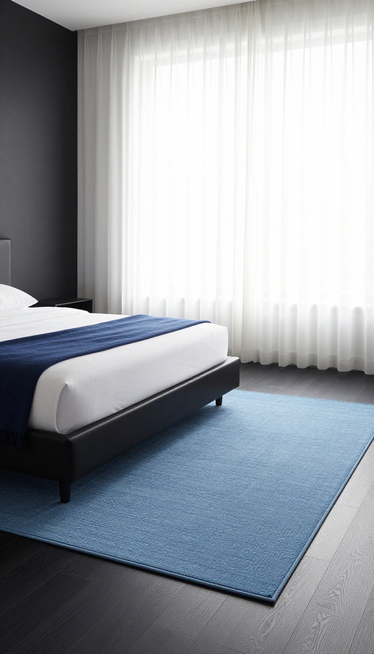 Bold modern black and blue bedroom with a large cobalt blue patterned area rug on dark hardwood floors under a low platform bed in bright natural light