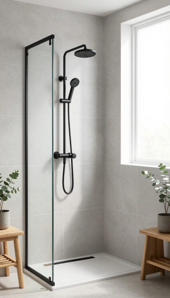 Modern walk-in shower with matte black fixtures and light gray tiles in bright natural light.