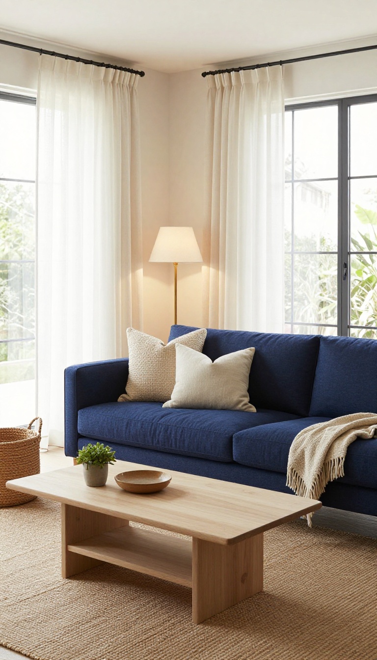 Navy blue couch styled against warm white walls in a bright cozy living room with natural textures and wood accents