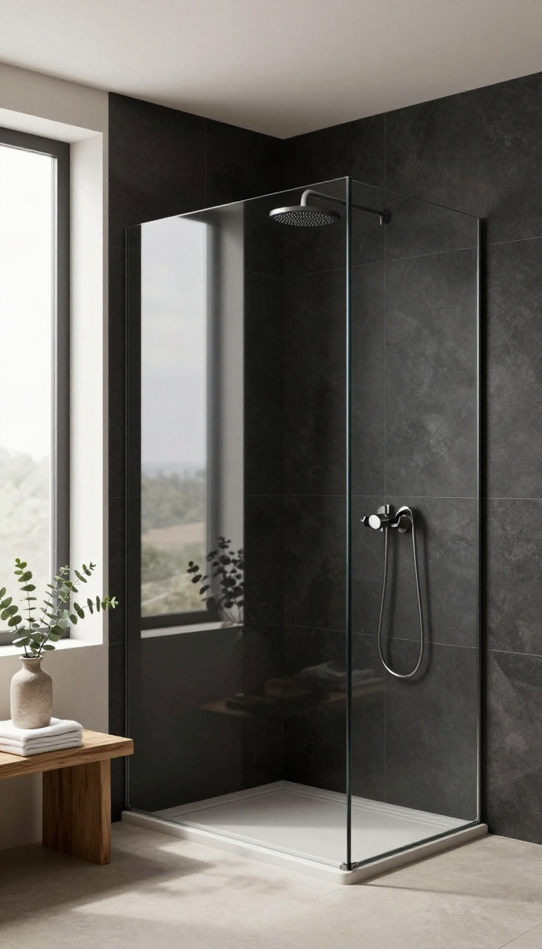 Modern bathroom shower with large-format black tiles and minimal grout lines in bright natural light