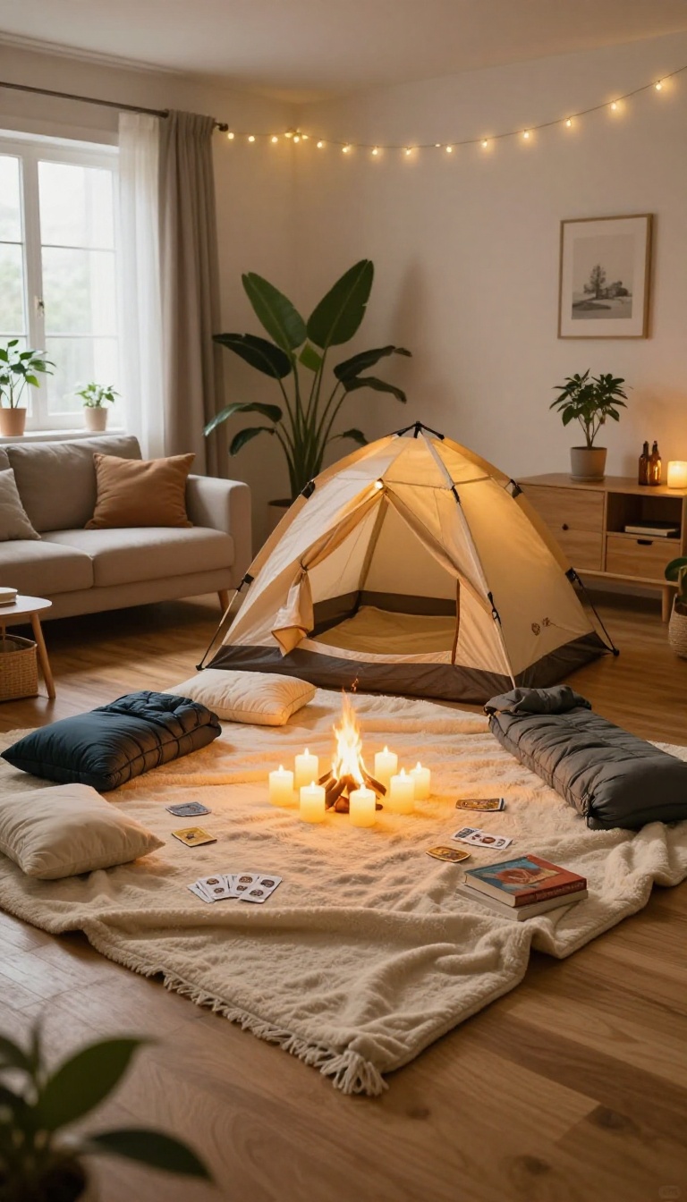 Cozy living room campout with a small dome tent, sleeping bags, and glowing LED candles arranged like a fake campfire