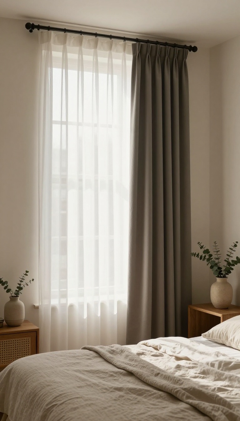 Bedroom window with sheer white curtains layered over dark blackout panels on a double rod, letting in soft morning light