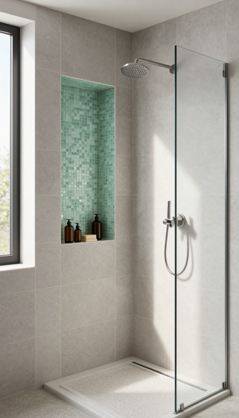 A bright modern shower with a recessed niche lined in seafoam green and blue glass mosaic tiles, holding shampoo bottles and soap under natural light.