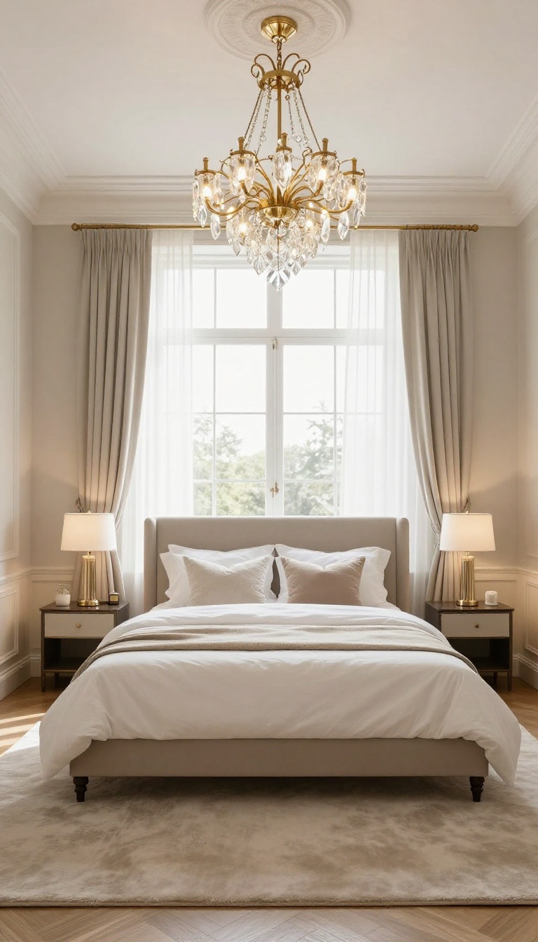 Elegant luxury bedroom with a sculptural crystal and brass chandelier hanging above a king bed with white bedding and bright natural light