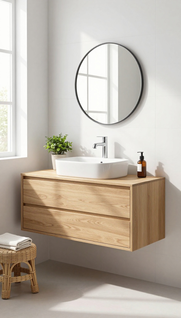 Bright bathroom with a floating oak vanity, white sink, and open floor space, creating an airy feel
