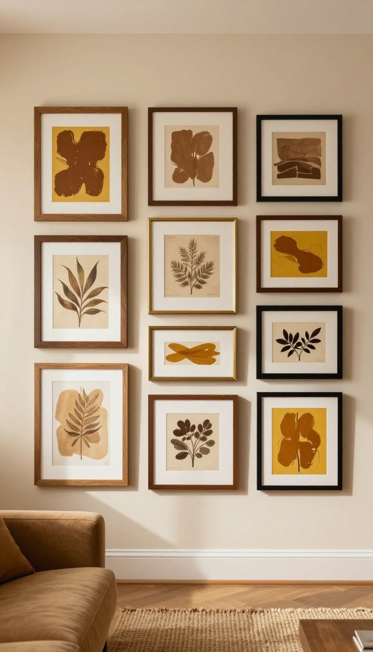 Warm brown and yellow gallery wall in a living room with mixed wood, brass, and black frames holding abstract and botanical art