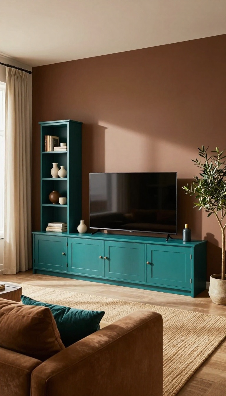 Warm modern living room with brown walls and a deep teal built-in media console, styled with a brown sofa, teal accent pillow, and natural light.