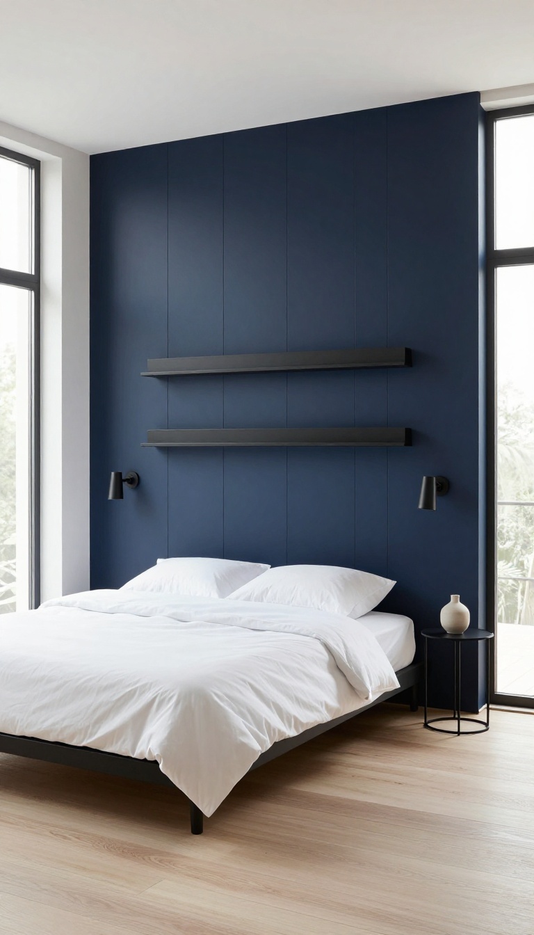 Modern bedroom with deep blue vertical wall panels and black floating shelves and sconces flanking a platform bed in bright natural light