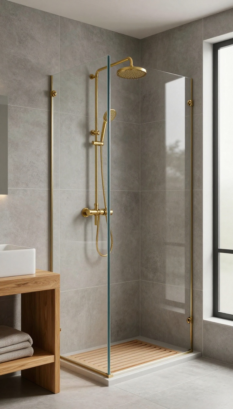 Concrete-look gray tile shower with matte large-format porcelain, teak wood bench, and brass fixtures in bright natural light