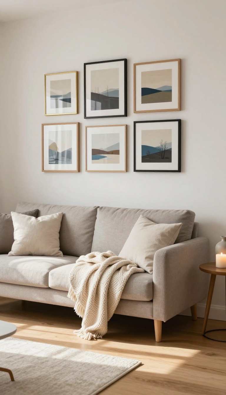 Cozy small living room with a mixed-frame gallery wall above a sofa in bright natural light