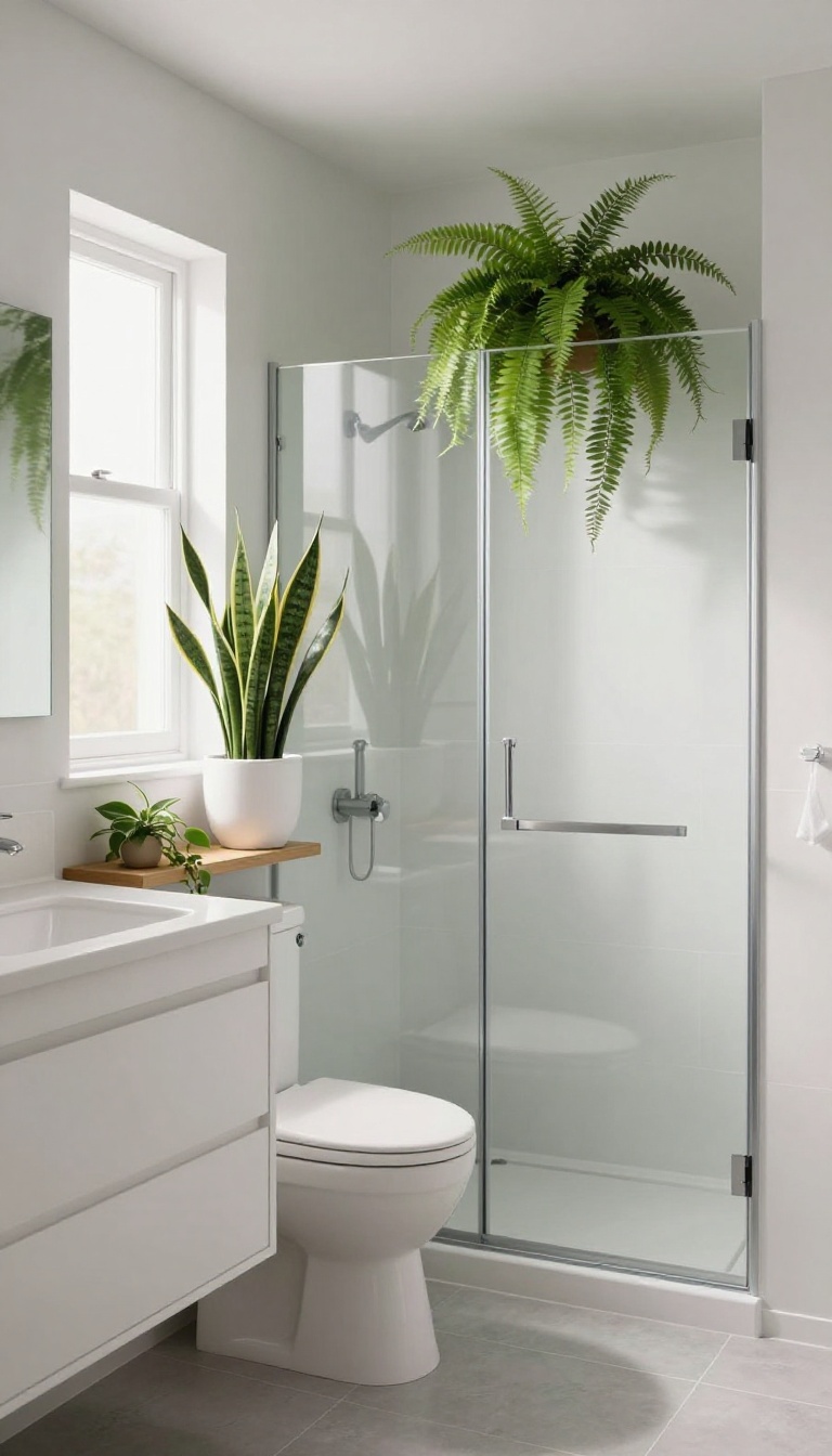 Stylish bathroom with toilet and shower room featuring low-light plants like snake plant, Boston fern, and pothos, creating a spa-like atmosphere.
