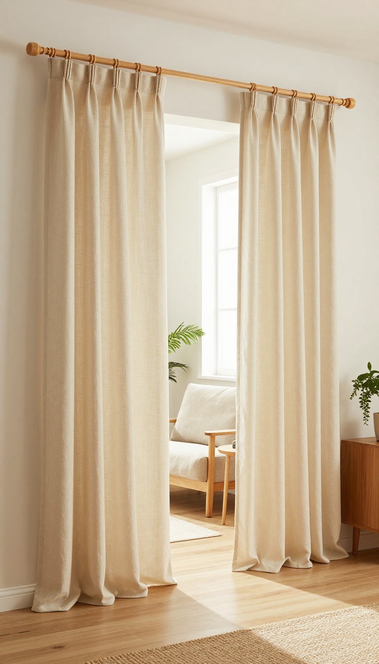 Beaded bamboo and wood curtain hanging in a doorway of a bright small living room, softly dividing a reading nook from the main space