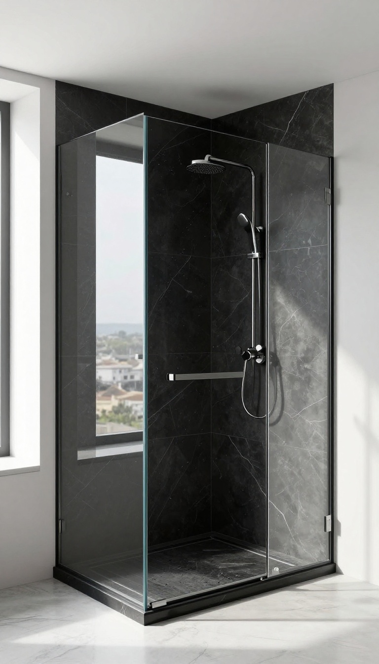 Walk-in shower with floor-to-ceiling onyx slabs and minimal grout lines