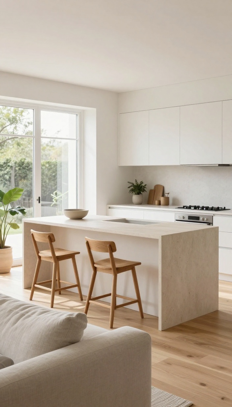 Bright open-concept living room and kitchen with a low table-height island and backless stools tucked underneath, keeping sightlines clear across the space