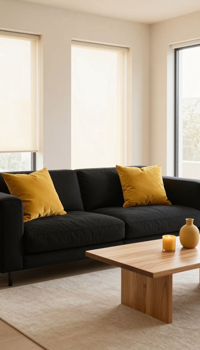 Black sofa styled with two bright mustard yellow throw pillows in a sunlit modern living room