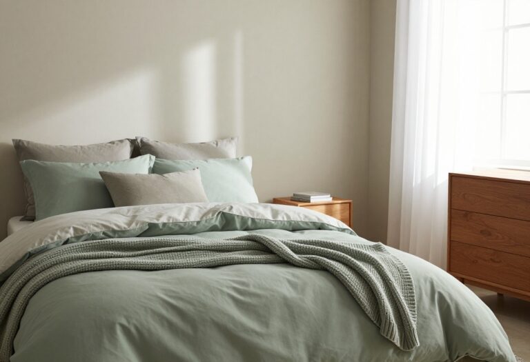 Cozy bedroom with a sage green comforter, warm wood furniture, and layered neutral bedding for a calm look.