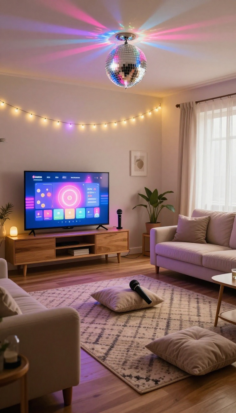 Cozy living room set up for a karaoke and dance party with a microphone, colorful lights, and a disco ball.