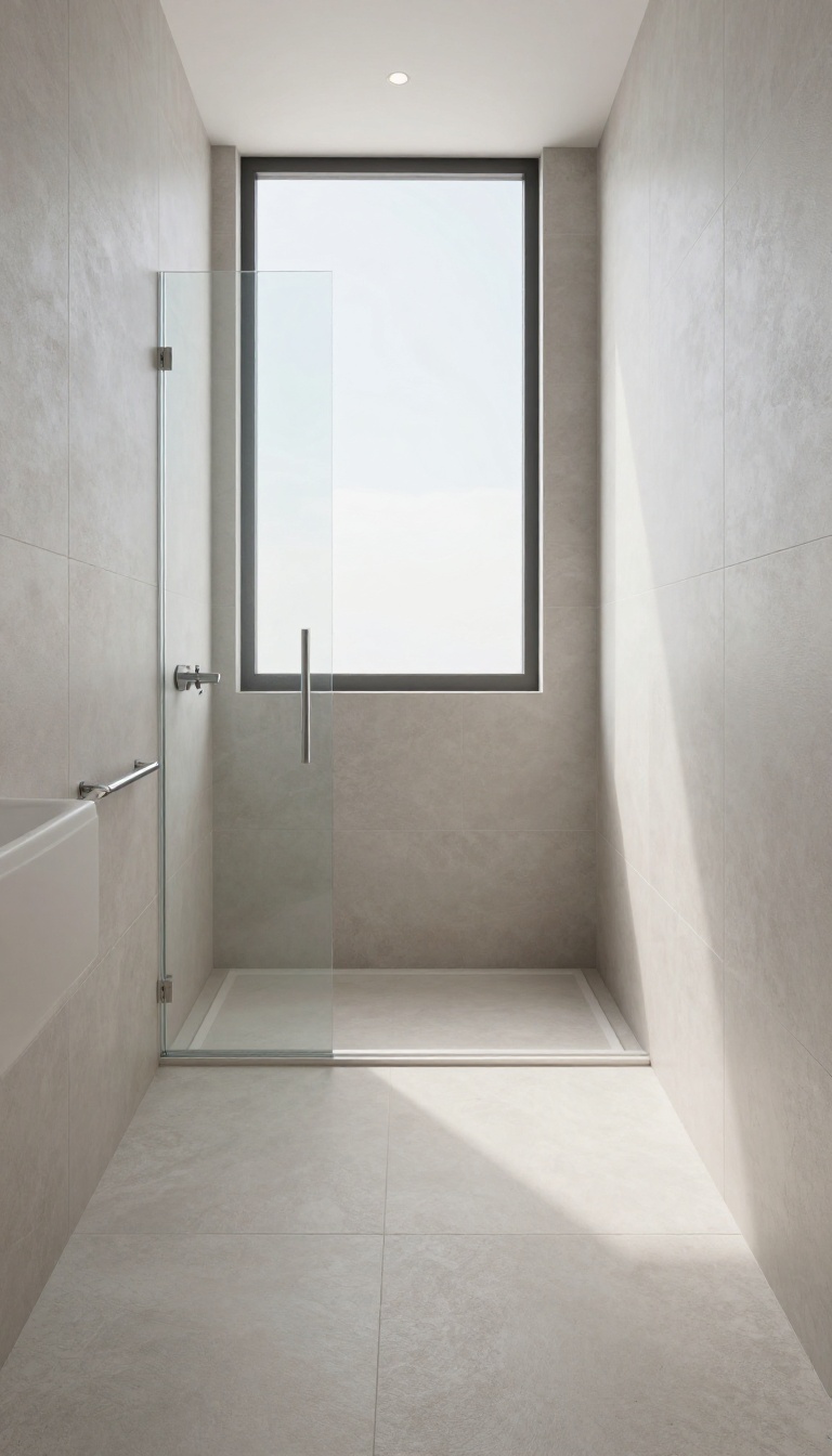 Modern bathroom with seamless tiled shower threshold blending into the floor